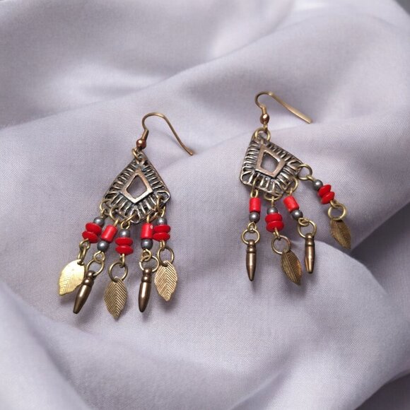 Bohemian Style Dangle Earrings Red Beads Bronze Leaf Charms Tribal - Picture 1 of 6